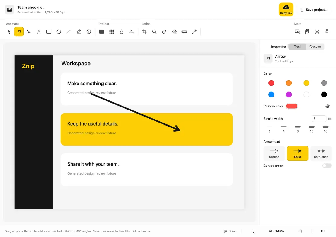 Znip’s Mac screenshot editor with arrows, text, privacy blocks, and export controls